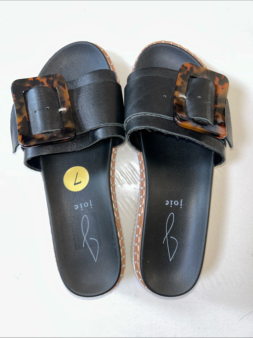 NWOB Joie Lyla Black Leather Platform Slide Sandals w Faux Tortoiseshell Buckle